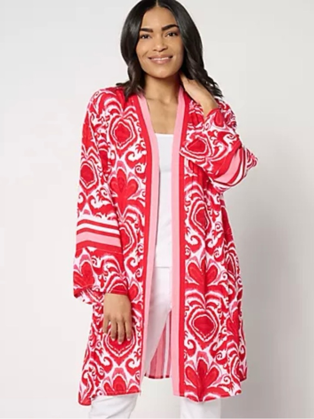 Dennis Basso Women’s Size 5X Red White Printed Kimono Cardigan Cover Up Western